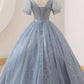 Blue V-Neck Tulle Floor Length Prom Dress, A-Line Short Sleeve Evening Dress