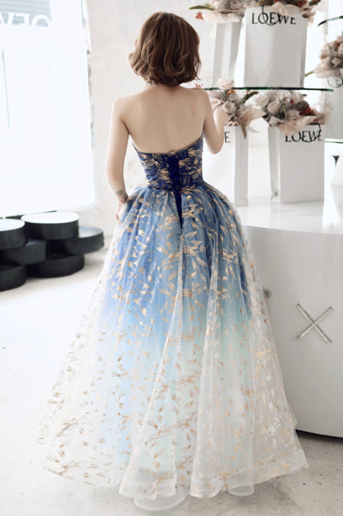Blue Strapless Gradient Tulle Long Prom Dress