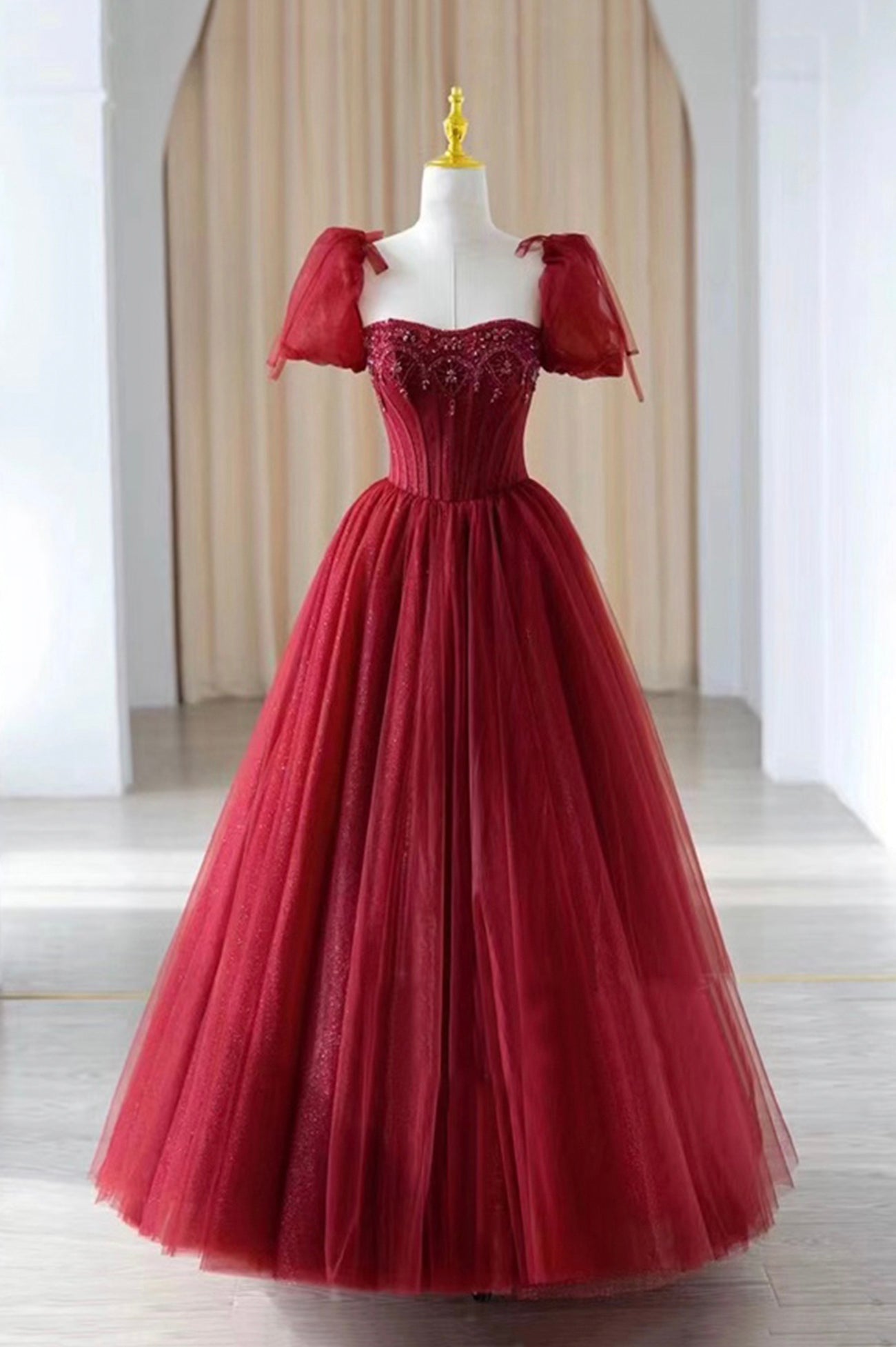 Burgundy Tulle Beaded Long Prom Dress