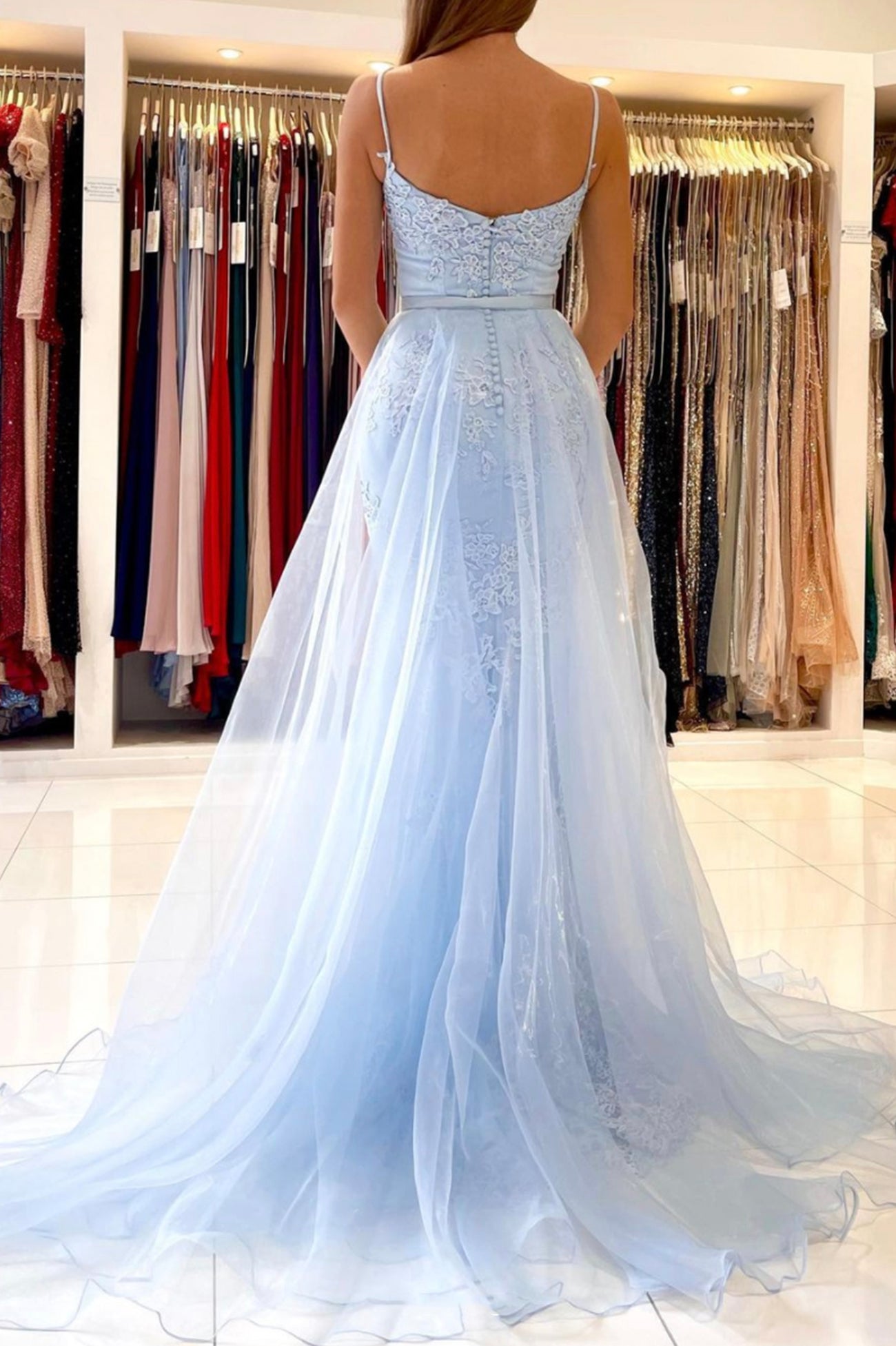 Blue Spaghetti Strap Lace Long Prom Dress, Mermaid Evening Dress
