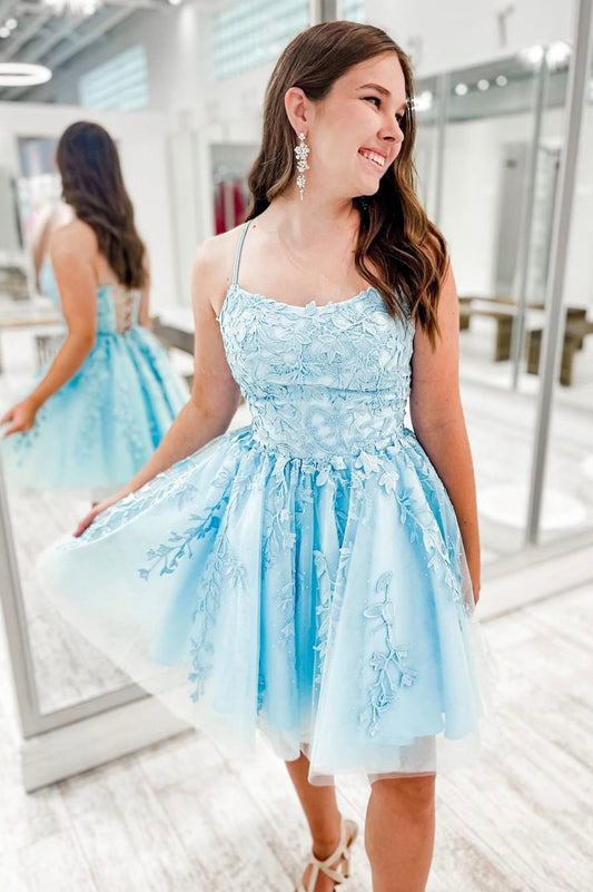 Blue Spaghetti Strap Lace Short Prom Dress, A-Line Backless Evening Party Dress