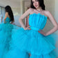 Blue Strapless Tulle High Low Prom Dress