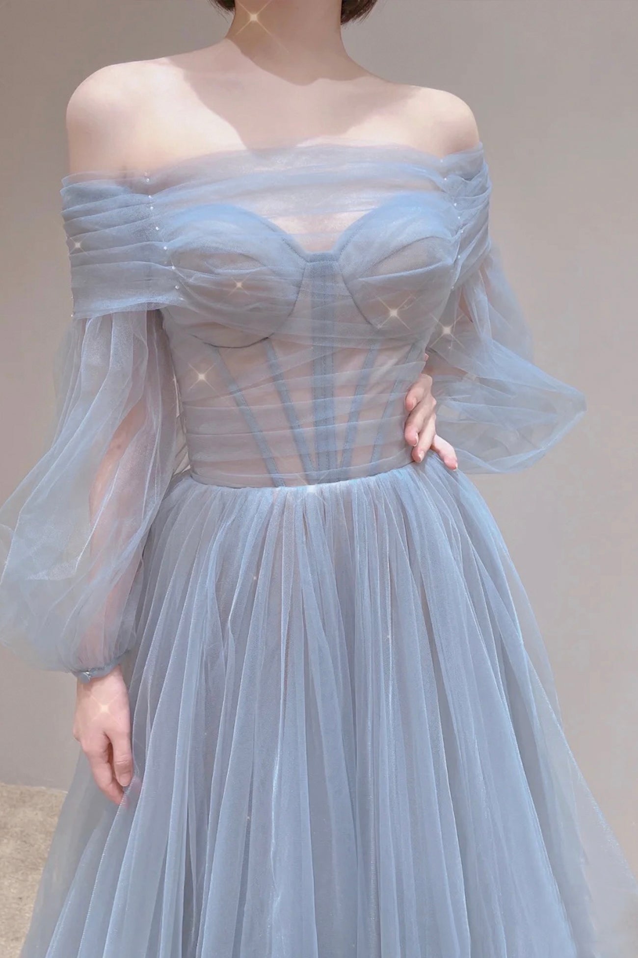 Blue Tulle Long Prom Dress, Beautiful Long Sleeve Tulle Evening Dress