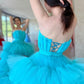 Blue Strapless Tulle High Low Prom Dress