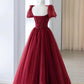Burgundy Tulle Beaded Long Prom Dress