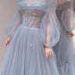 Blue Tulle Long Prom Dress, Beautiful Long Sleeve Tulle Evening Dress