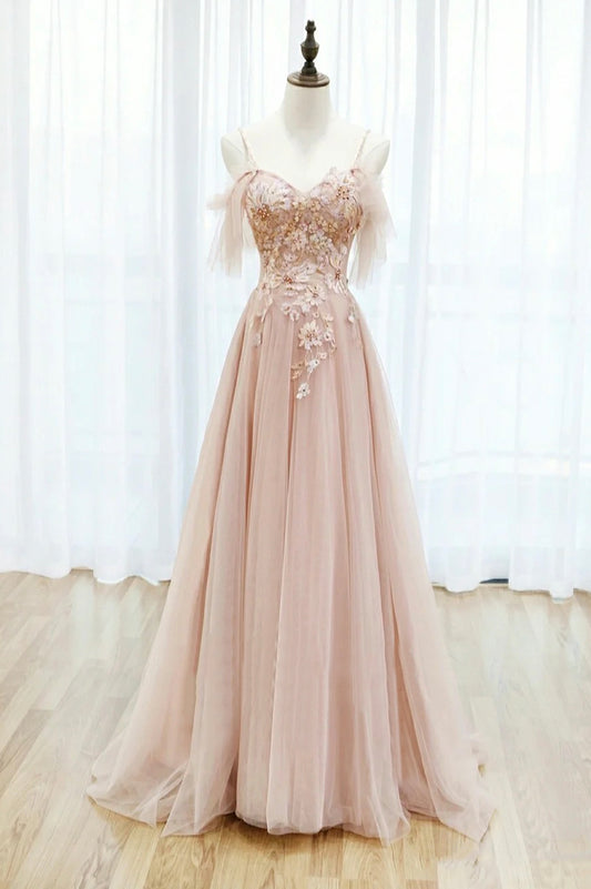 Lovely Pink Tulle Long Prom Dress with Lace