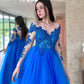 Blue Tulle Lace Long Prom Dress, A-line Long Sleeve Evening Dress
