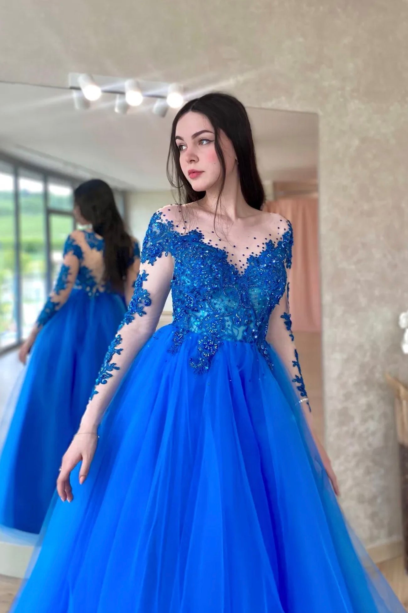 Blue Tulle Lace Long Prom Dress, A-line Long Sleeve Evening Dress