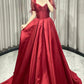 Burgundy Satin Long Prom Dress, A-Line Short Sleeve Evening Dress