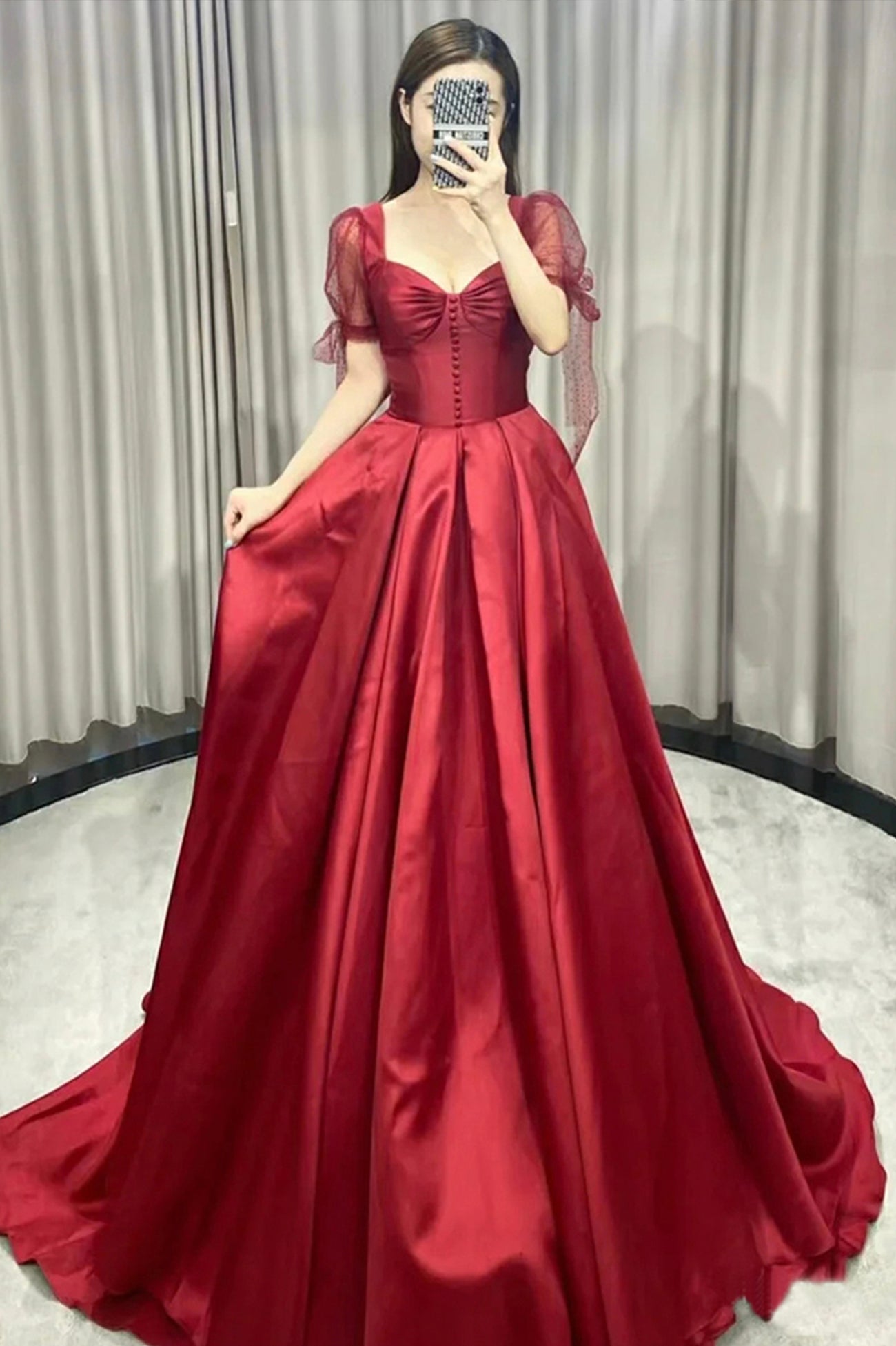Burgundy Satin Long Prom Dress, A-Line Short Sleeve Evening Dress