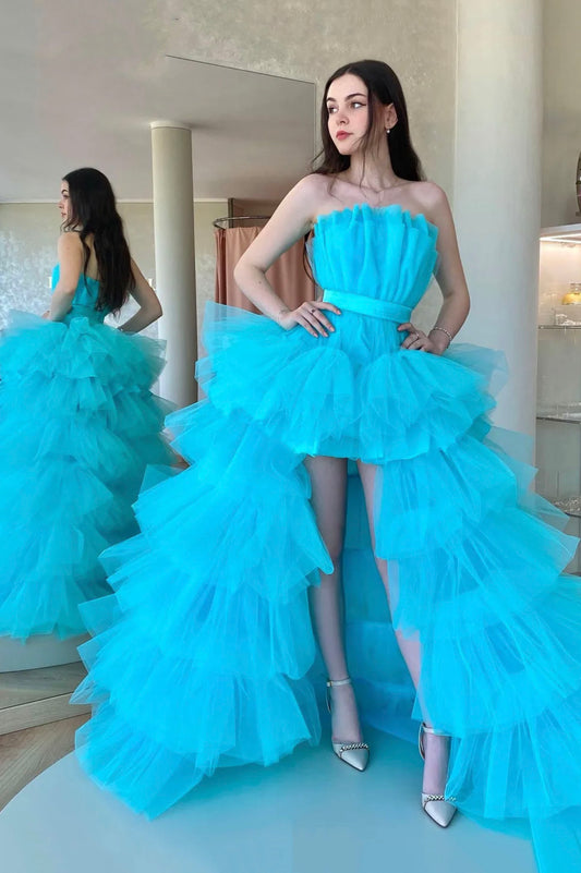 Blue Strapless Tulle High Low Prom Dress