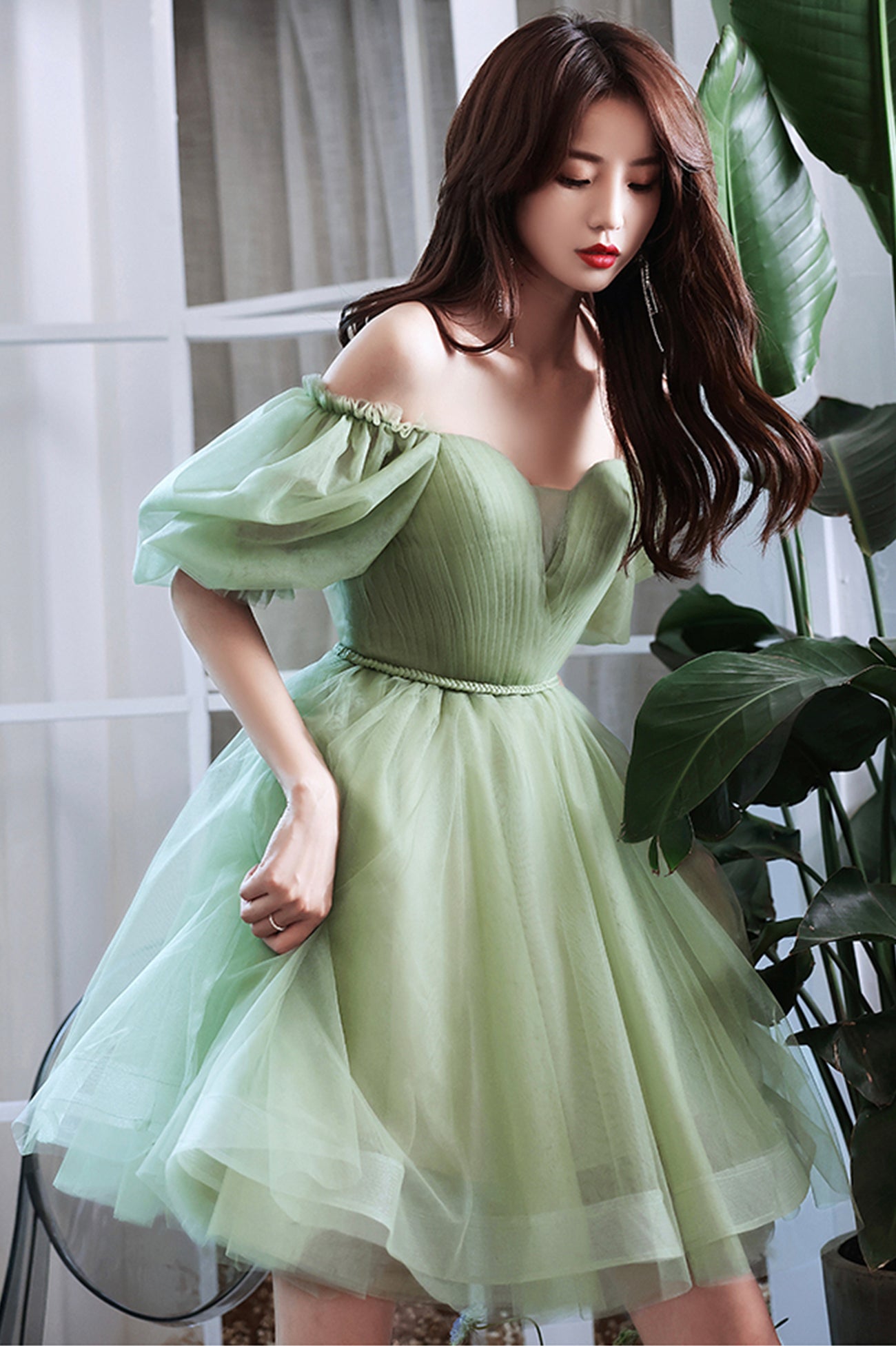 Green tulle short prom dress A line evening dress