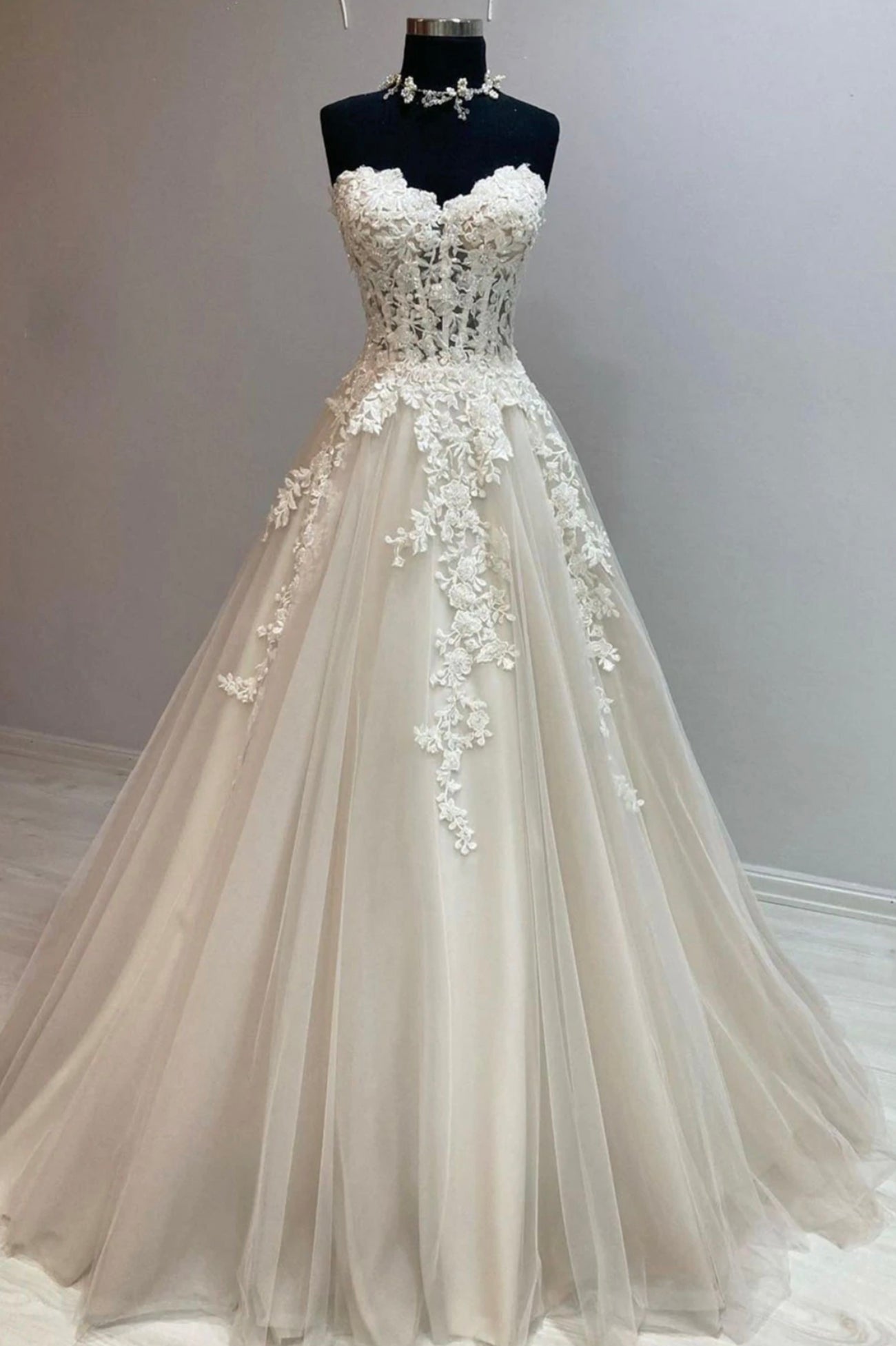 Champagne tulle lace long prom dress evening dress
