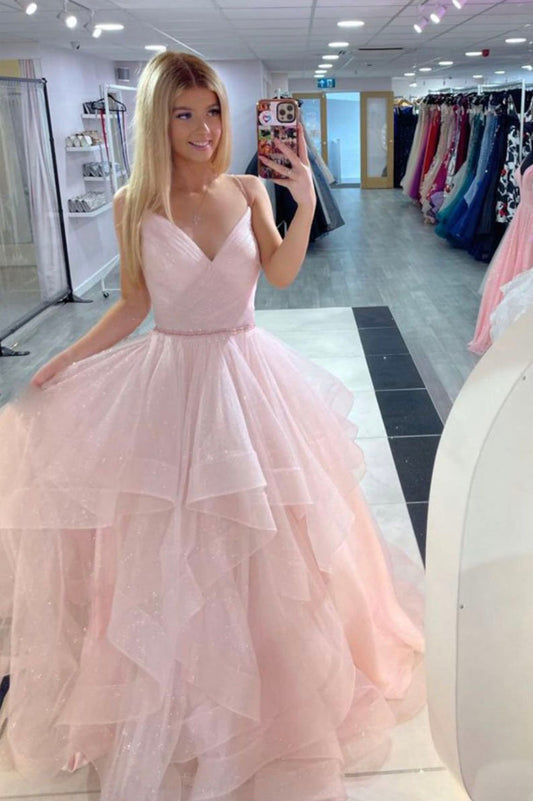 Cute V-neck tulle long prom dress A-line evening gown