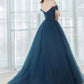 Elegant Blue Tulle Long Prom Dress, A-Line Off the Shoulder Evening Party Dress