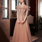 Pink Tulle Sequins Long Prom Dress, Off the Shoulder Party Dress