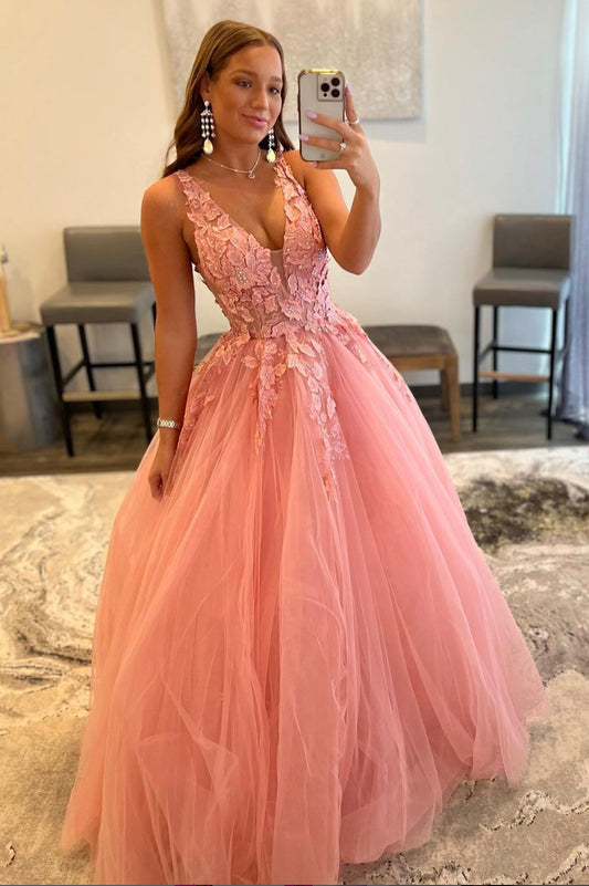 Pink V-Neck Lace Floor Length Prom Dress, Beautiful A-Line Backless Evening Dress
