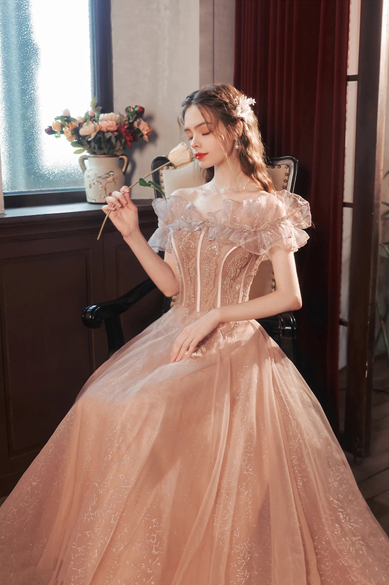 Pink Tulle Sequins Long Prom Dress, Off the Shoulder Party Dress