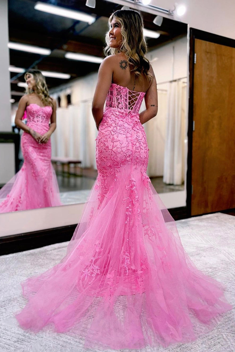 Mermaid Lace Long Prom Dress, Strapless Formal Evening Dress