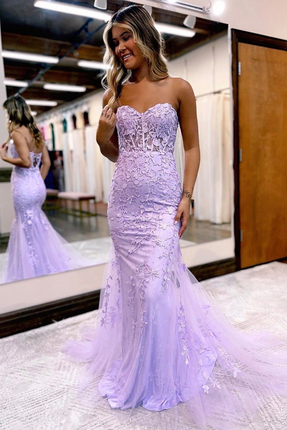 Mermaid Lace Long Prom Dress, Strapless Formal Evening Dress