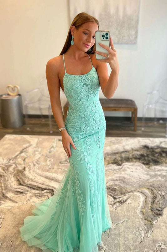 Green Spaghetti Strap Lace Long Prom Dress, Mermaid Backless Evening Dress