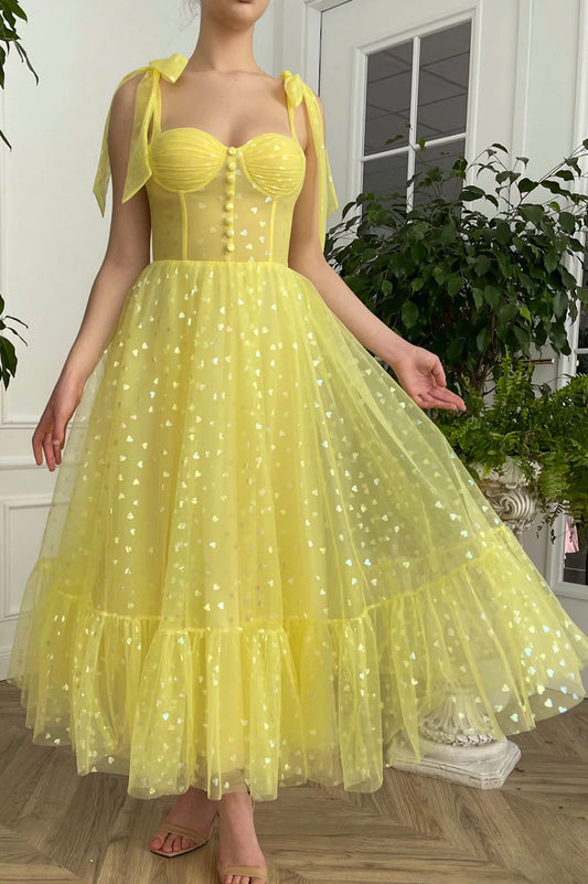 Yellow tulle short A line prom dress evening dress