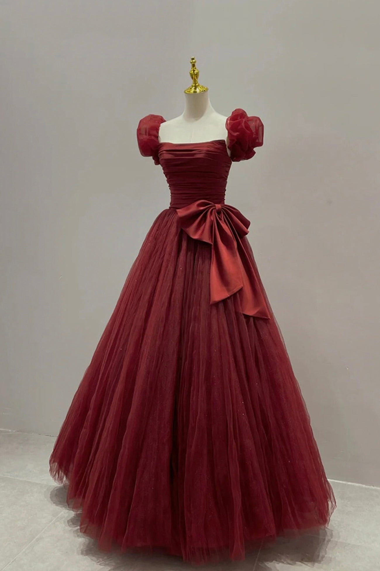Burgundy Tulle Long Prom Dress, Beautiful A-Line Evening Party Dress