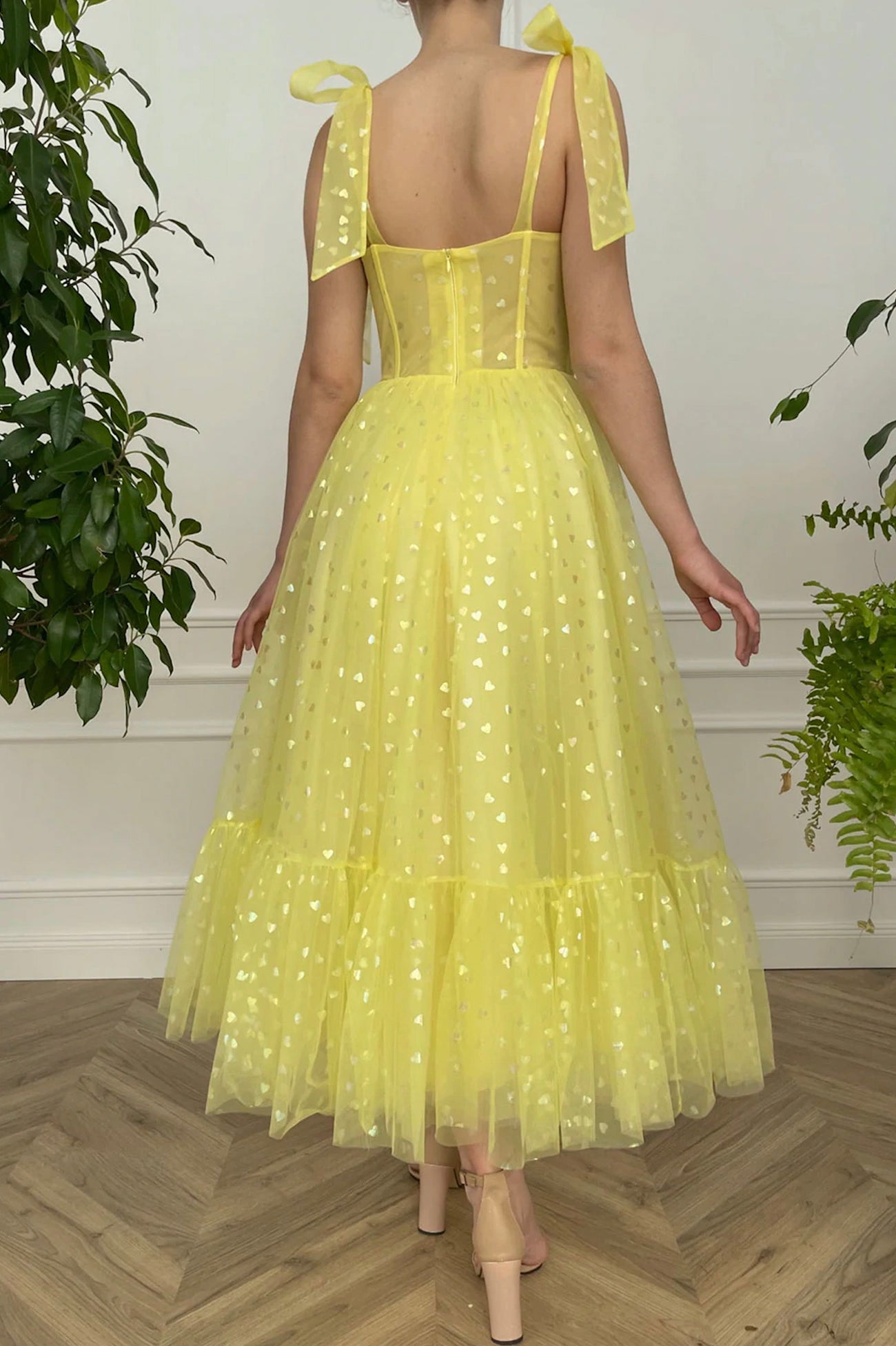 Yellow tulle short A line prom dress evening dress