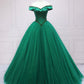 Green Tulle Beaded Long Ball Gown Formal Dress, Off the Shoulder Evening Dress