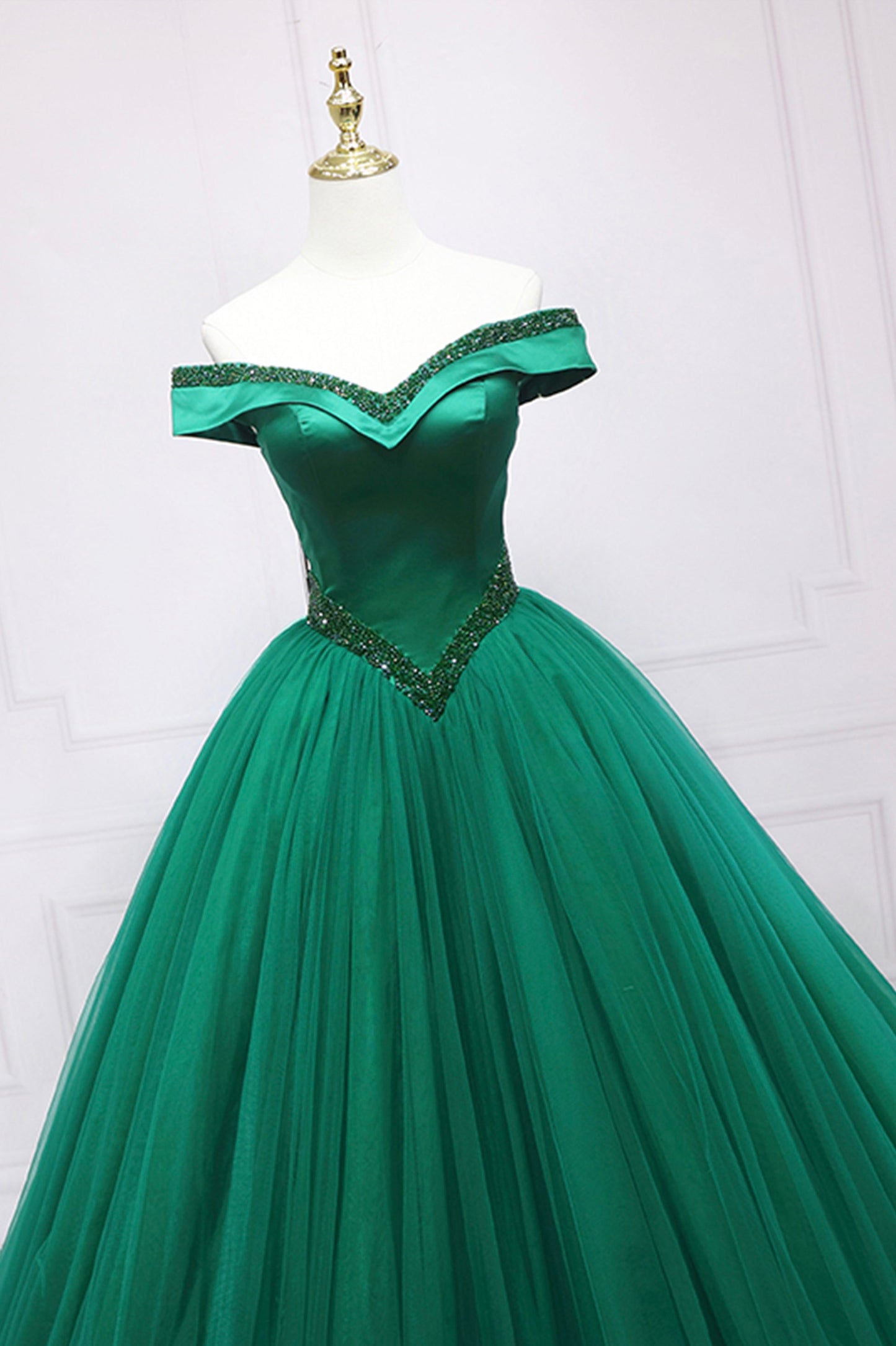 Green Tulle Beaded Long Ball Gown Formal Dress, Off the Shoulder Evening Dress