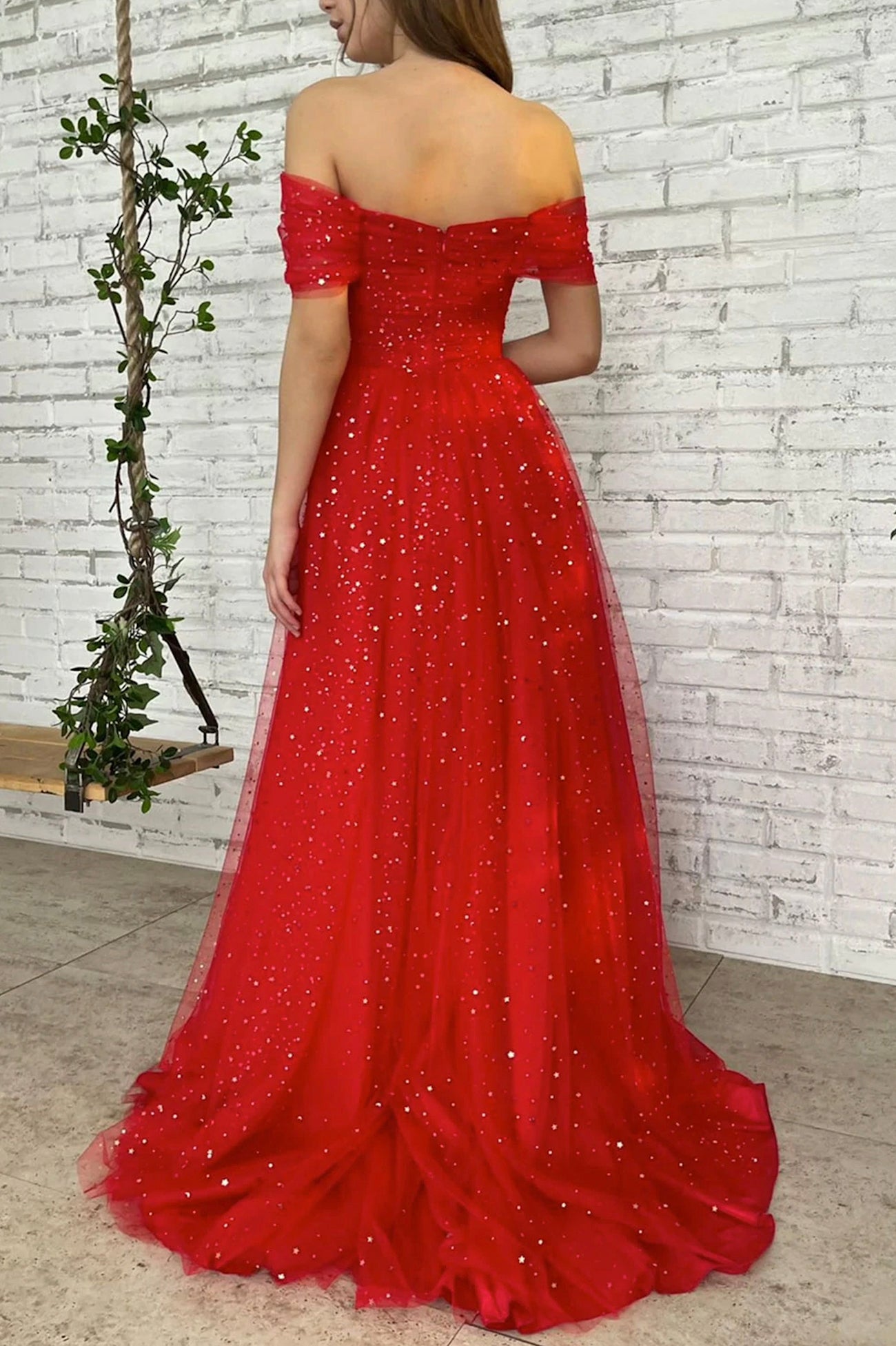 Red Tulle Long Prom Dress, Off the Shoulder Evening Dress