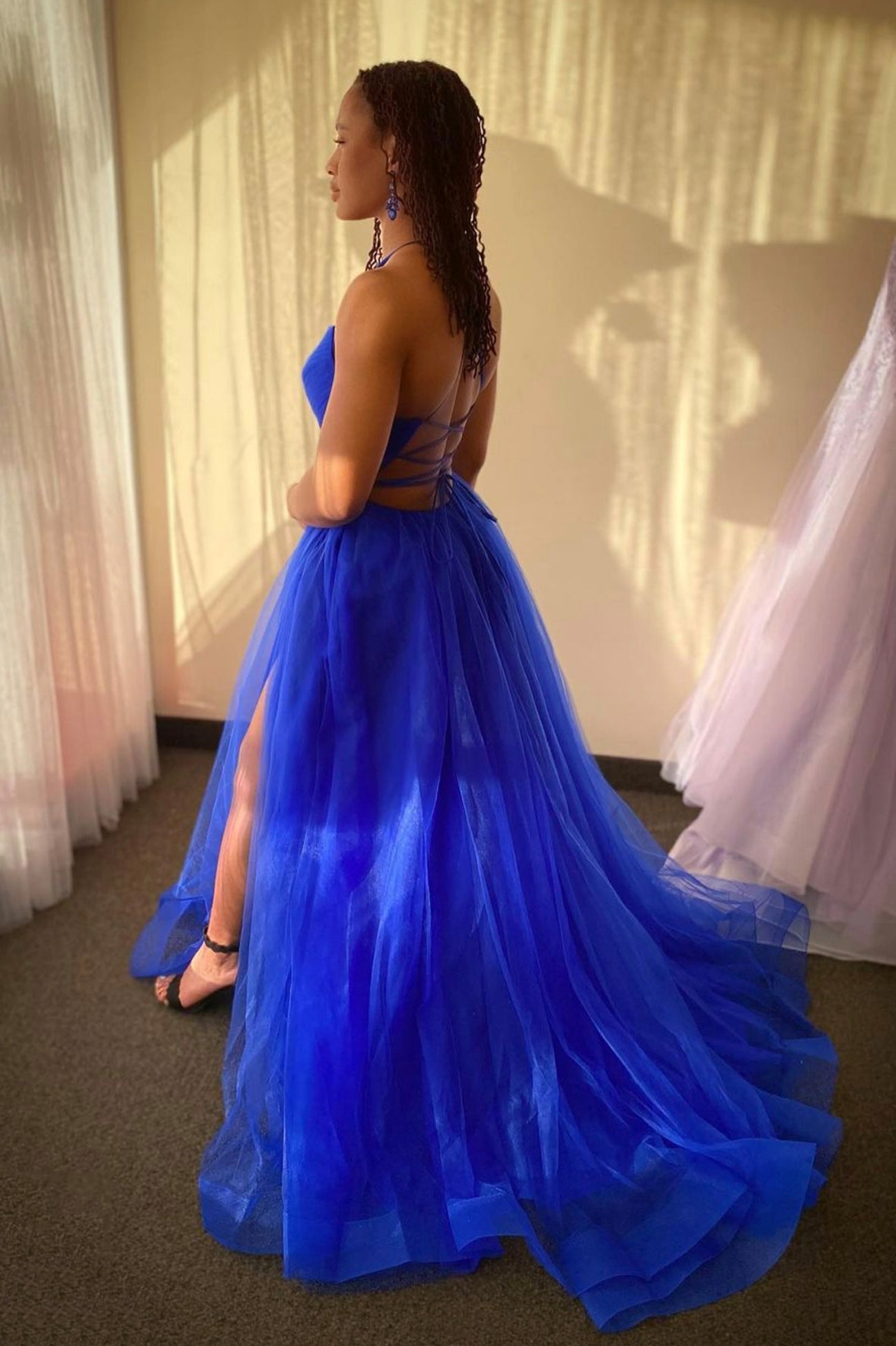 Beautiful V-Neck Tulle Long Prom Dress, A-Line Backless Evening Dress