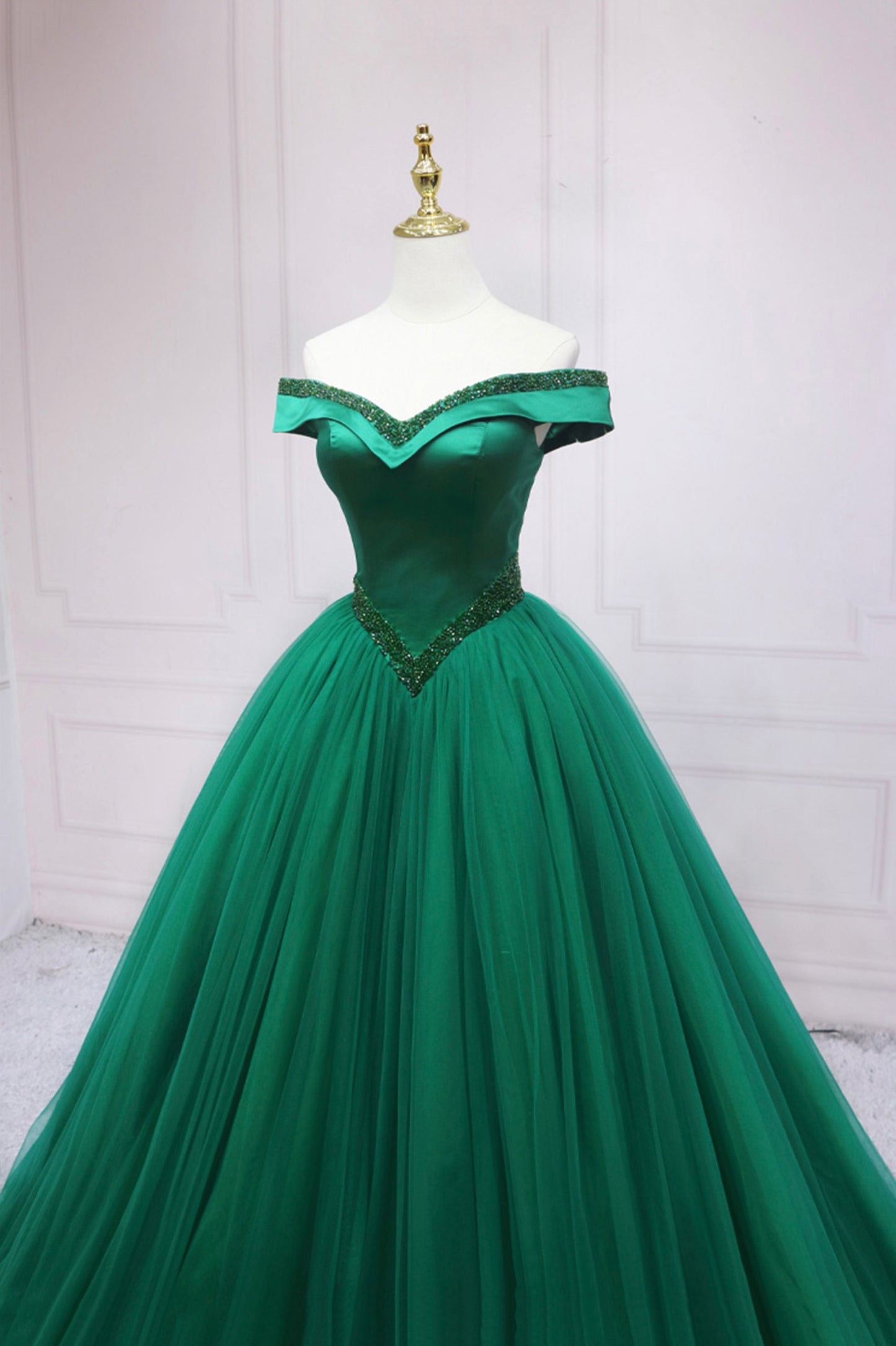 Green Tulle Beaded Long Ball Gown Formal Dress, Off the Shoulder Evening Dress