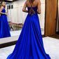 Beautiful Spaghetti Strap Lace Long Prom Dress, A-Line V-Neck Satin Evening Dress with Slit