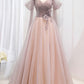 Pink Tulle Beaded Long Prom Dress, Off the Shoulder Evening Dress