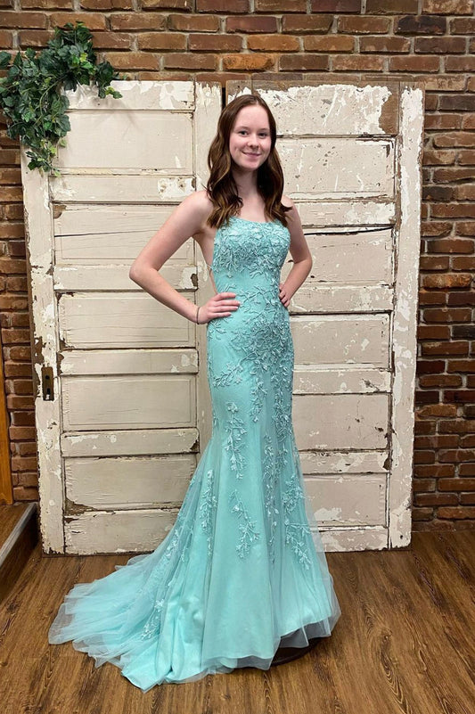 Mint Green Lace Long Prom Dress, Mermaid Backless Evening Party Dress