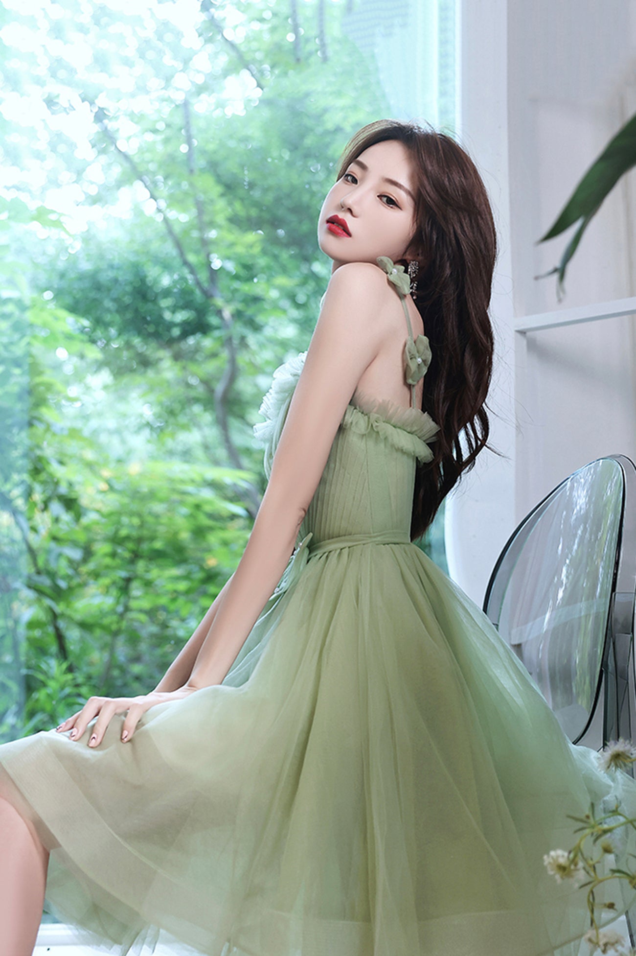Green Tulle Knee Length Prom Dress, A-line Mini Party Dress