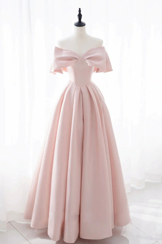 Pink Satin Off the Shoulder Floor Length Prom Dress