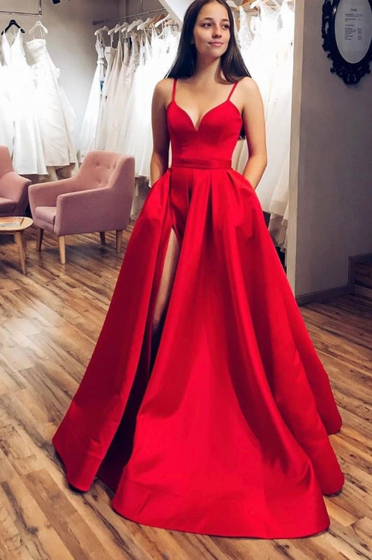 Red Satin Long Prom Dress, Simple Spaghetti Strap Evening Dress with Slit