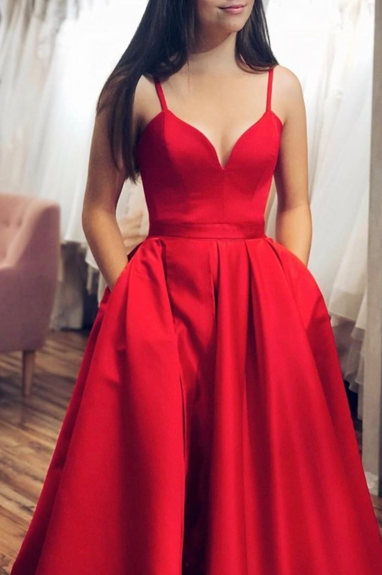 Red Satin Long Prom Dress, Simple Spaghetti Strap Evening Dress with Slit