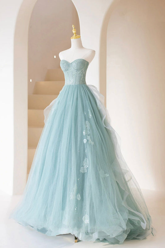 Cute Strapless Tulle Lace Long Prom Dress, A-Line Beautiful Lace Evening Dress