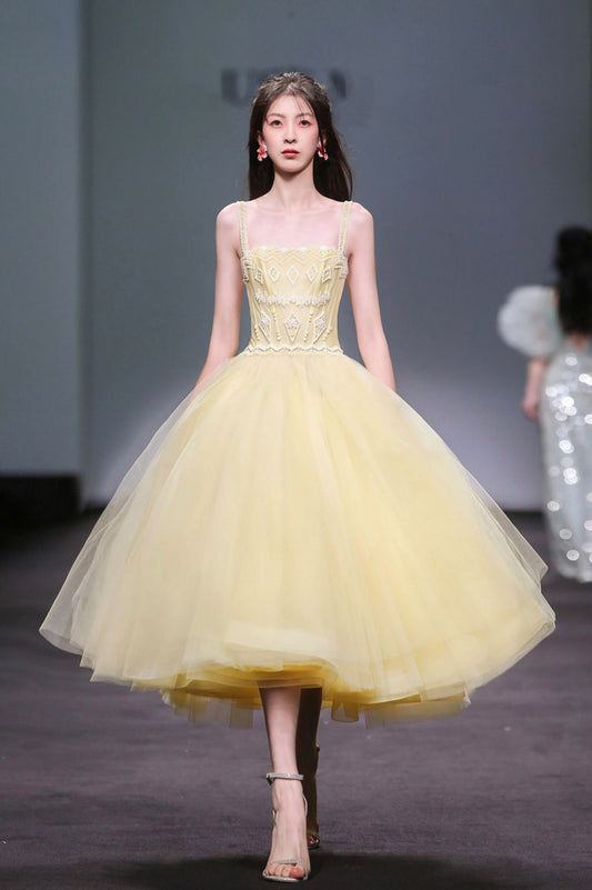 Yellow tulle beaded short prom dress homecoming dress
