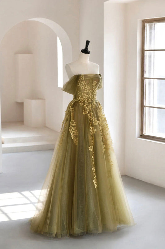 Green Tulle Lace Long Prom Dress, Off the Shoulder Evening Party Dress