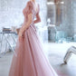 Pink tulle long prom dress A-line evening dress