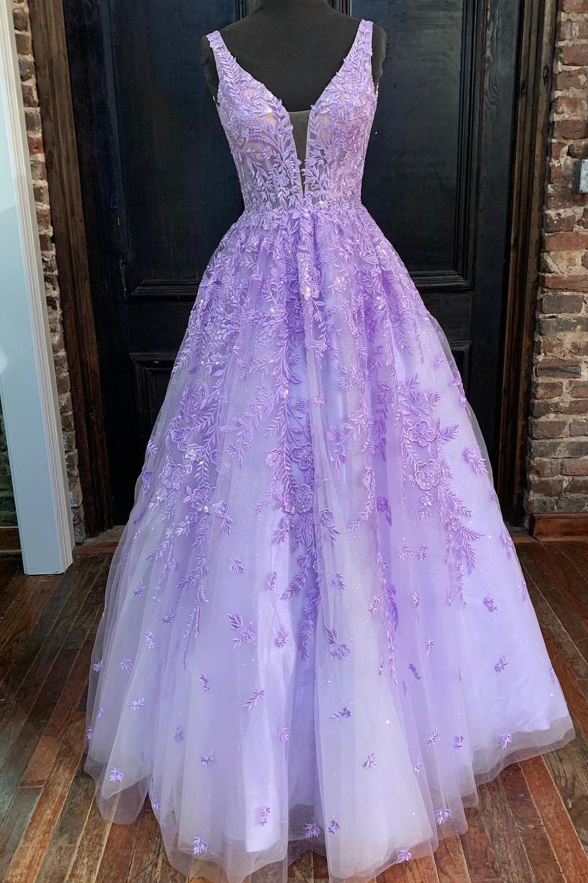 Purple V-Neck Tulle Lace Long Prom Dress, A-Line Floor Length Evening Dress