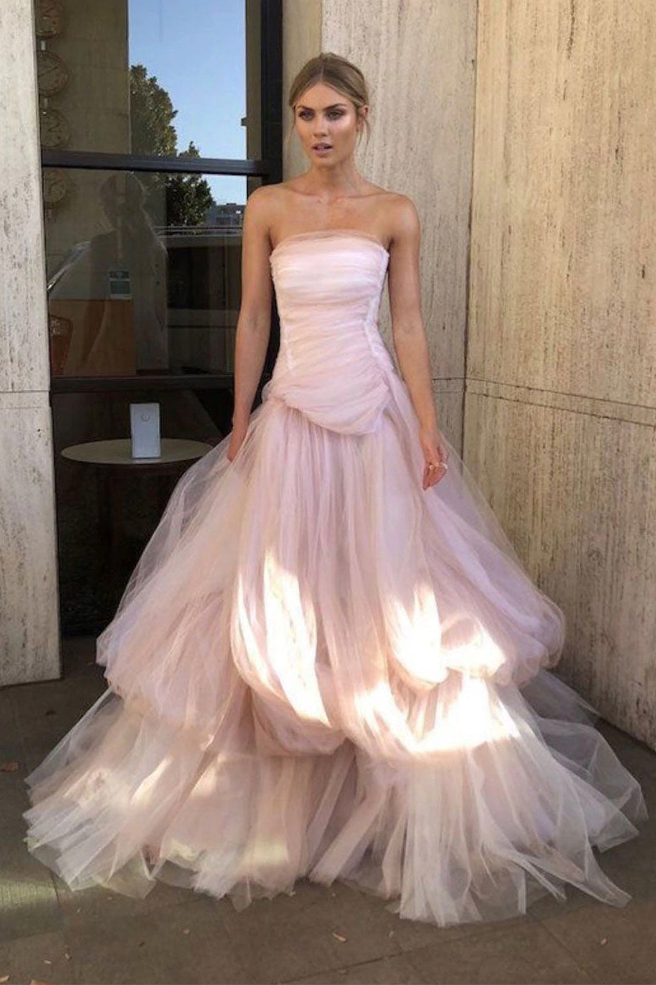 Pink tulle long prom dress pink evening dress