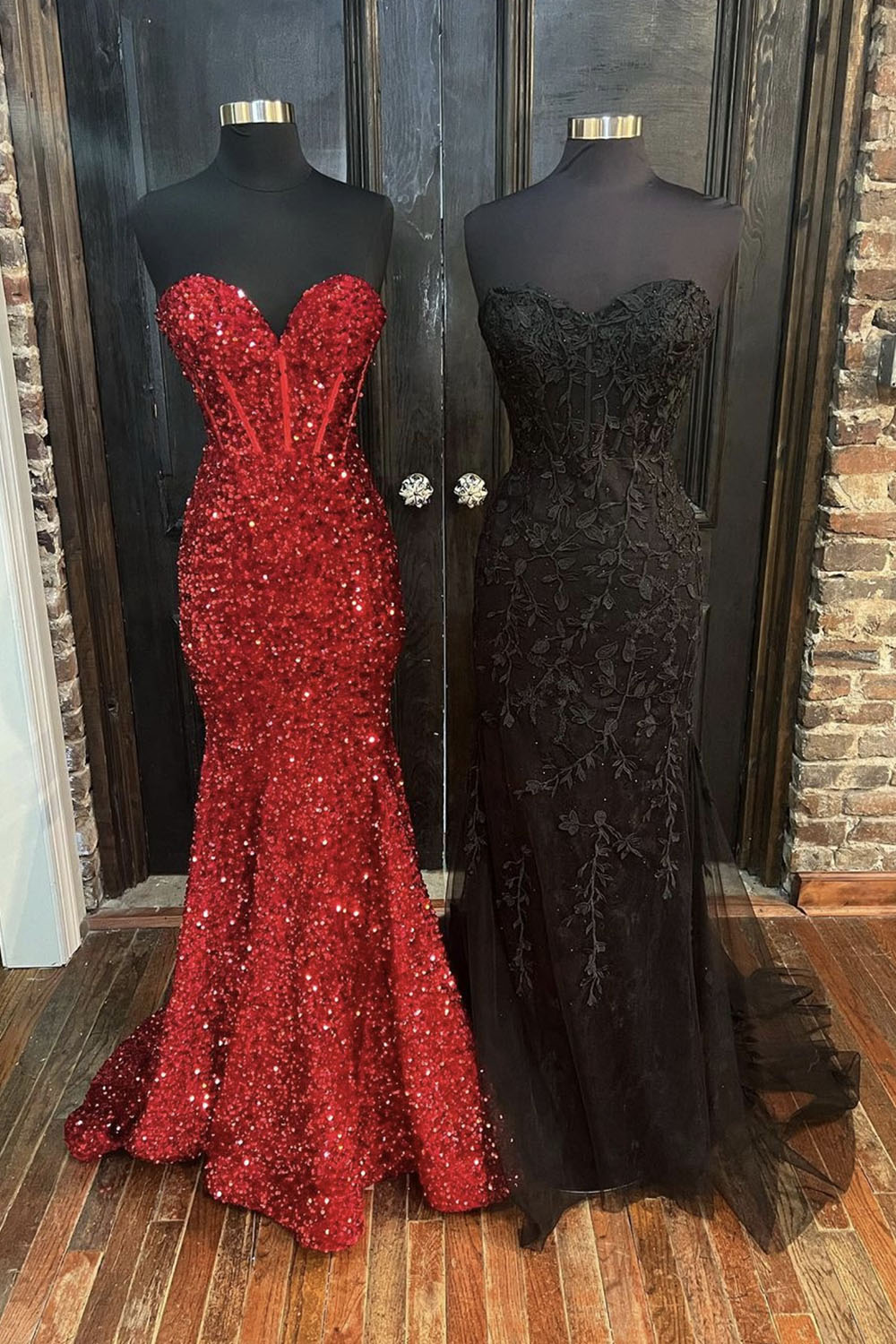 Mermaid Strapless Long Prom Dresses, Red Sequins Evening Dresses, Black Lace Party Dresses