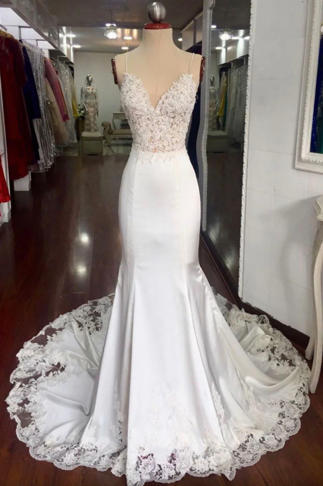 White lace long prom dress mermaid evening dress