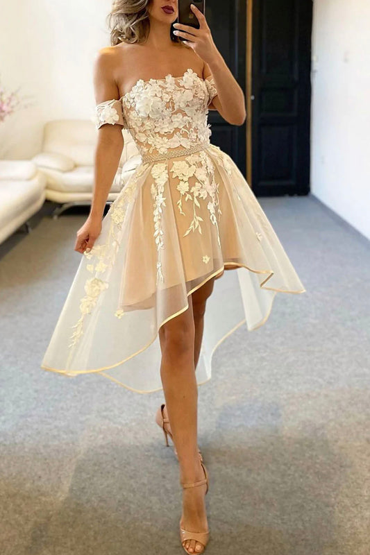 Champagne lace short prom dress A-line homecoming dress